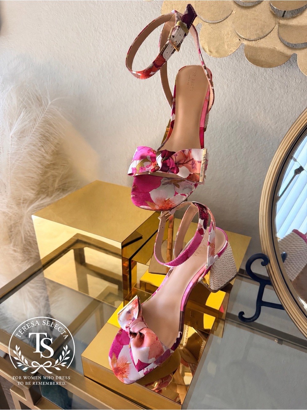 New Ted Baker Giana-690 Pink Floral Block Heel Sandals US 8.5